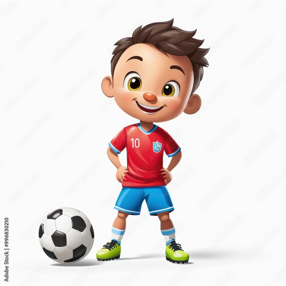 A cheerful cartoon boy in a soccer uniform poses with a ball, promoting sports and activity. A cheerful cartoon boy in a soccer uniform poses with a ball, promoting sports and activity.