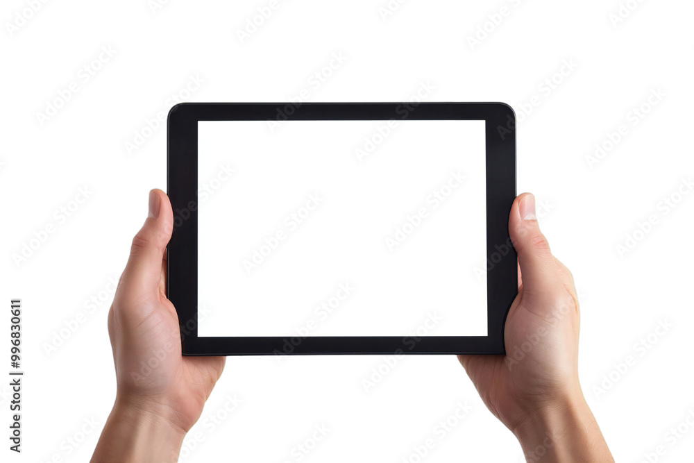 Digital Tablet Mockup with Blank Screen Held by Hands, Isolated on White Background, Perfect for Tech Designs, App Displays, and Digital Device Templates Digital Tablet Mockup with Blank Screen Held by Hands, Isolated on White Background, Perfect for Tech Designs, App Displays, and Digital Device Templates