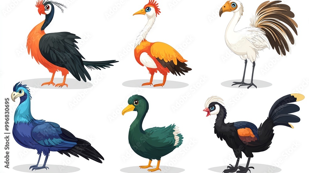Naklejka premium A collection of colorful and diverse cartoon birds, showcasing unique features and vibrant plumage in a whimsical style.