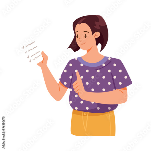Woman Character Holding Receipt Explain Something Vector Illustration