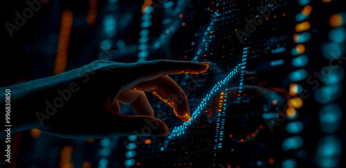 Hand interacting with digital DNA, next-gen sci-fi technology, colorful bar graph, and data points on a dark background. photo