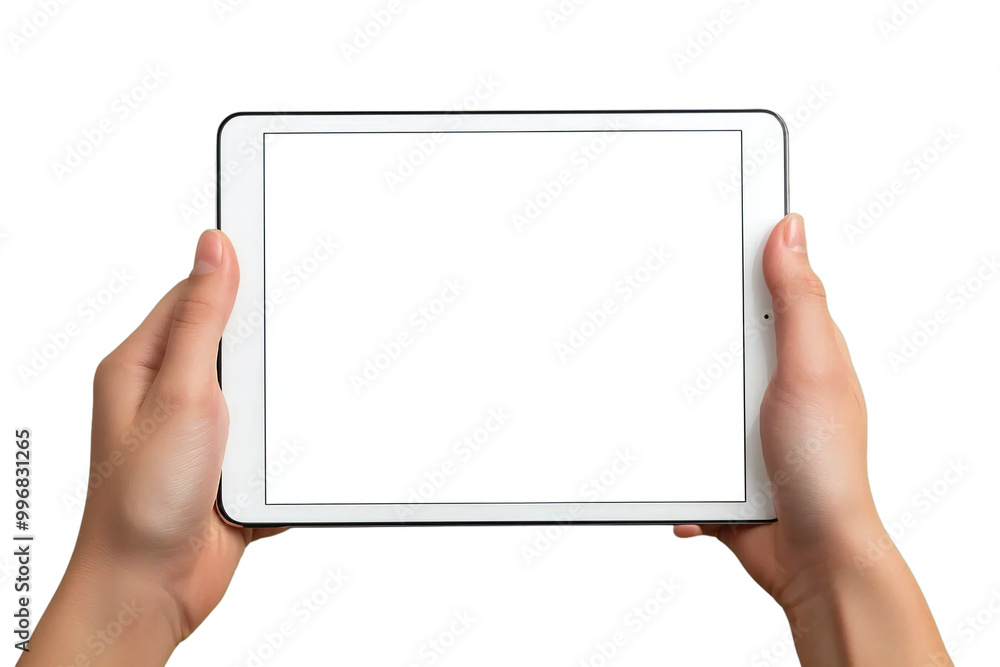 Digital Tablet Mockup with Blank Screen Held by Hands, Isolated on White Background, Perfect for Tech Designs, App Displays, and Digital Device Templates Digital Tablet Mockup with Blank Screen Held by Hands, Isolated on White Background, Perfect for Tech Designs, App Displays, and Digital Device Templates