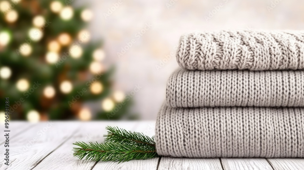 A cozy light grey blanket rests on a neatly made bed, with a beautifully decorated Christmas tree adorned with soft lights glowing in the background, evoking warmth and serenity