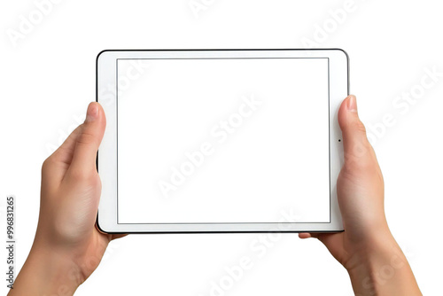 Digital Tablet Mockup with Blank Screen Held by Hands, Isolated on White Background, Perfect for Tech Designs, App Displays, and Digital Device Templates