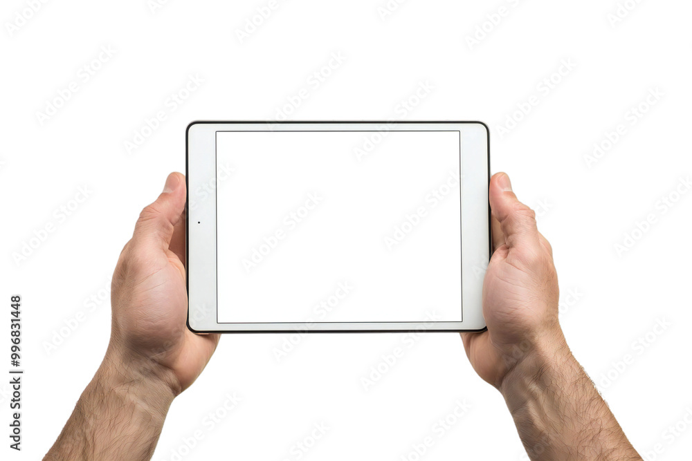 Digital Tablet Mockup with Blank Screen Held by Hands, Isolated on White Background, Perfect for Tech Designs, App Displays, and Digital Device Templates Digital Tablet Mockup with Blank Screen Held by Hands, Isolated on White Background, Perfect for Tech Designs, App Displays, and Digital Device Templates