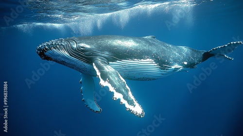 A majestic humpback whale gracefully swimming in crystal clear ocean waters, showcasing its beautiful fins and gentle movement. photo