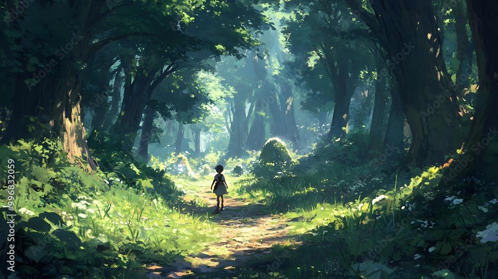 A young adventurer walking along a forest path surrounded by tall trees and magical plants A young adventurer walking along a forest path surrounded by tall trees and magical plants