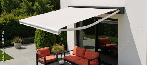 Modern retractable awning offers shaded seating on an outdoor patio