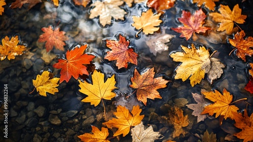 Golden and red leaves floating on a stream of water.