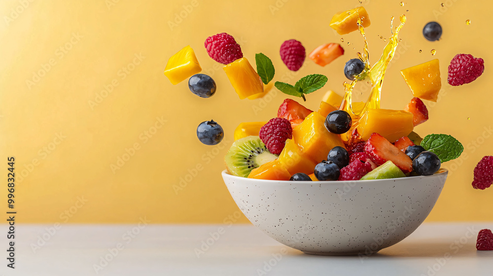 vibrant bowl of colorful fruit splashes joyfully against bright background vibrant bowl of colorful fruit splashes joyfully against bright background
