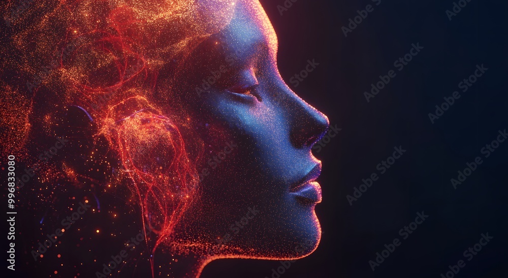 Abstract digital human head with glowing cybernetic elements on dark background, artificial intelligence concept. High quality illustration for banner design. copy space, high resolution Abstract digital human head with glowing cybernetic elements on dark background, artificial intelligence concept. High quality illustration for banner design. copy space, high resolution