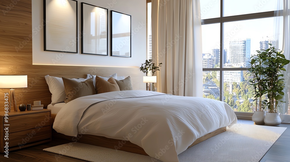 Contemporary bedroom with glass walls, urban view, 3D illustration Contemporary bedroom with glass walls, urban view, 3D illustration