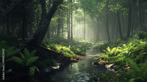 Wallpaper Mural A serene forest scene featuring lush trees and a tranquil stream, bathed in soft light, perfect for nature and relaxation themes. Torontodigital.ca