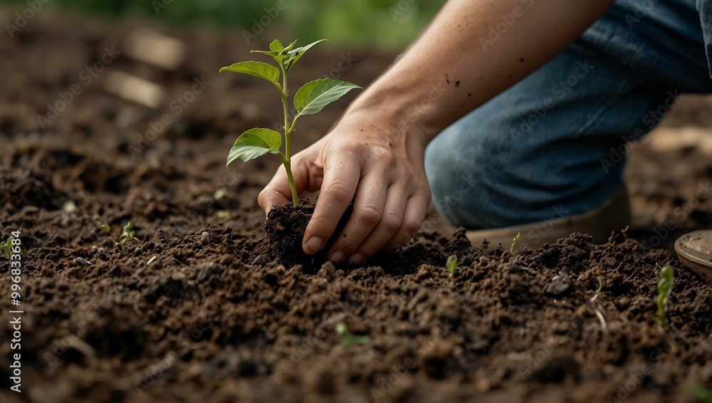 Another image of hands planting a seedling in soil. Another image of hands planting a seedling in soil.