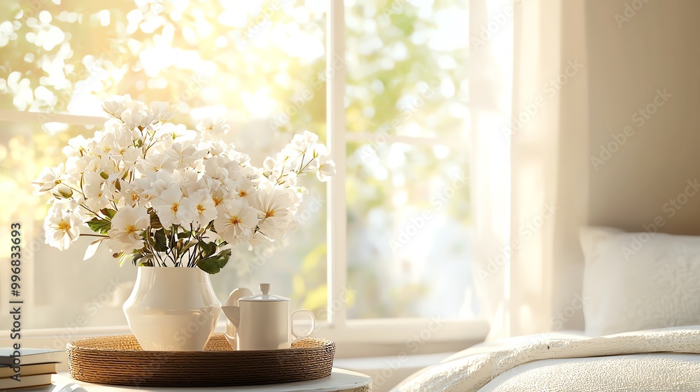 Cozy bedroom, muted colors, natural light, 3D illustration Cozy bedroom, muted colors, natural light, 3D illustration