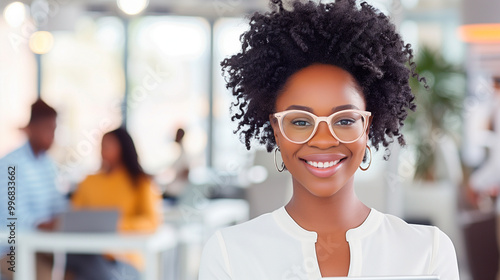 Confident Businesswoman Wearing Glasses in Modern Office - Professional Portrait for Marketing, Print, and Web Design