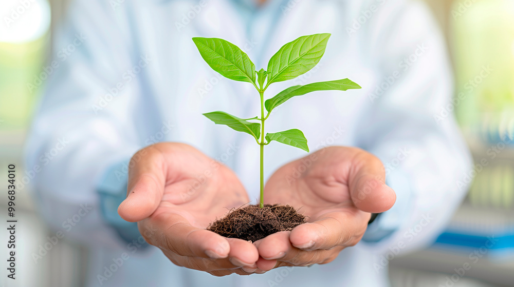 Nurturing New Growth: Scientist Holding Young Plant for Environmental Conservation and Research Nurturing New Growth: Scientist Holding Young Plant for Environmental Conservation and Research