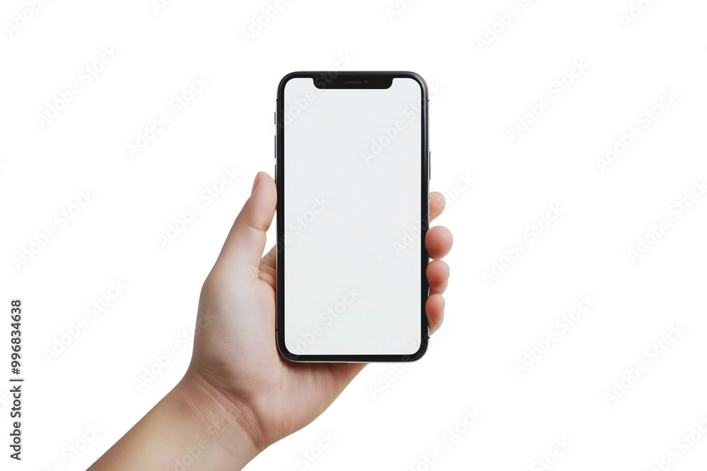 Smartphone Mockup Held in Hand, Isolated Mobile Device for App Display and Digital Technology, Perfect for Tech Designs and Mobile Templates