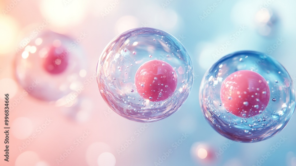 Close-up of three transparent cells with pink nuclei against a blurred pink and blue background. Close-up of three transparent cells with pink nuclei against a blurred pink and blue background.
