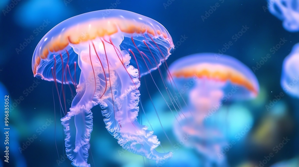 Fototapeta premium A stunning underwater view of two glowing jellyfish swimming gracefully in vibrant blue waters, showcasing their delicate features.