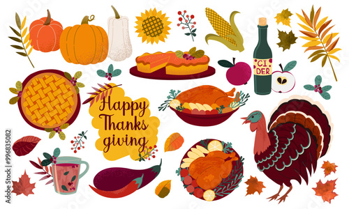 A set of illustrations, stickers for Thanksgiving. Pumpkins, turkey, pumpkin pie, roast turkey, corn, sunflower, cider, apples, autumn leaves.