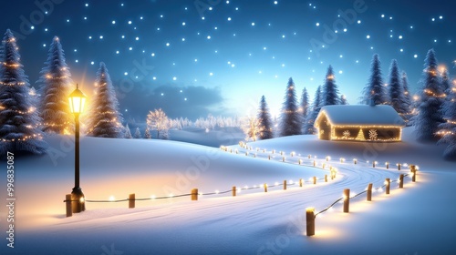 A magical winter scene with soft snow falling gently against a festive Christmas backdrop, creating a peaceful holiday vibe.