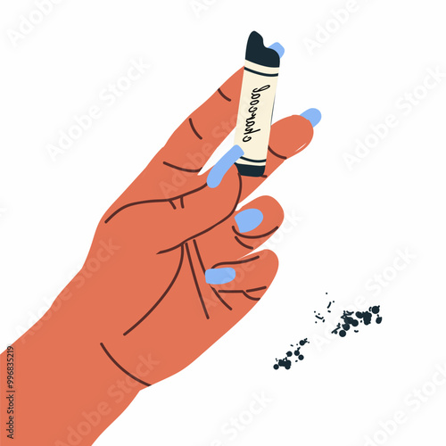 Charcoal in hand, carbon black sticks for sketching, drawing. Used broken coal pencils for painting. Art supplies, stationery. Flat vector illustration isolated on white background.Flat vector