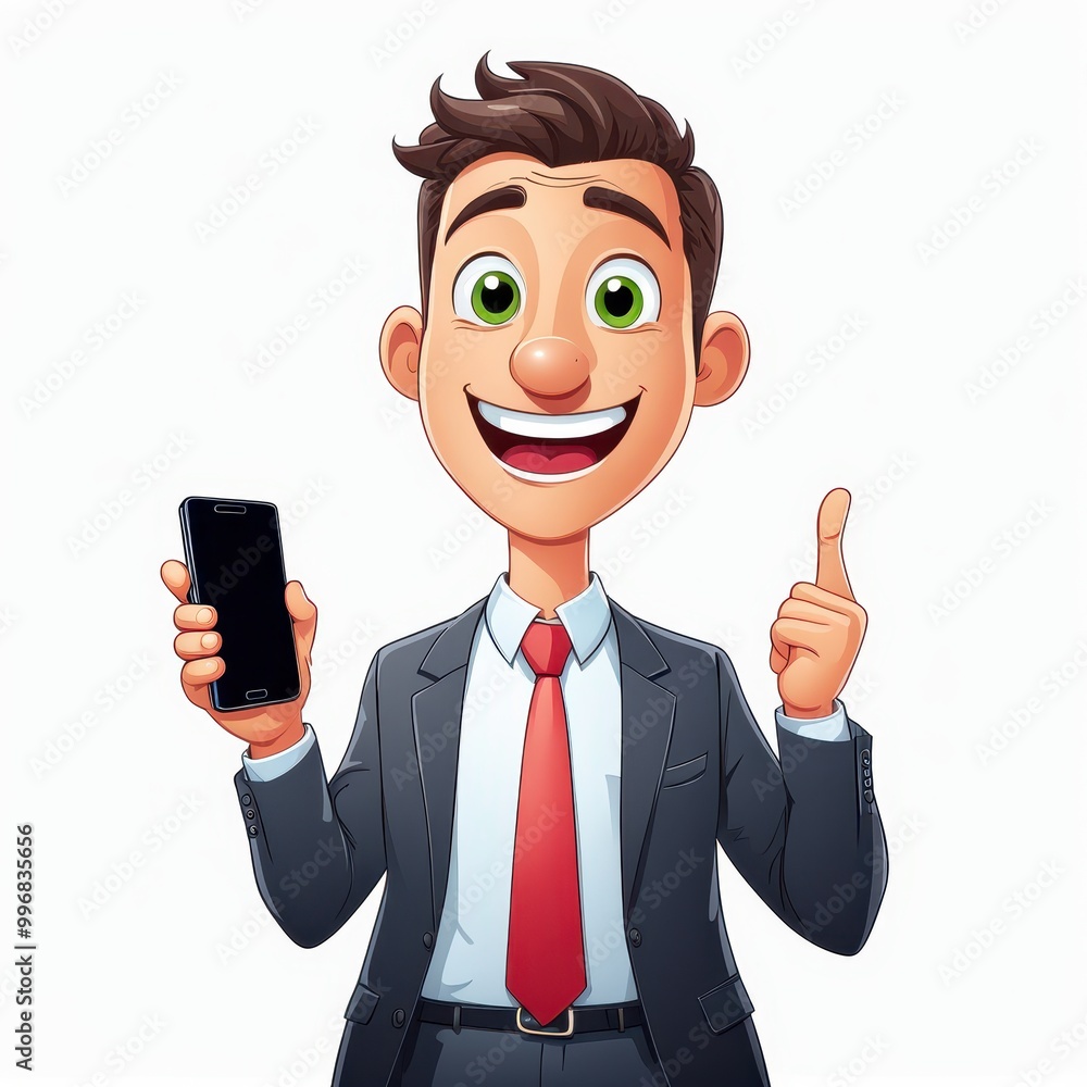 A cheerful cartoon character in a suit holding a smartphone and smiling confidently. A cheerful cartoon character in a suit holding a smartphone and smiling confidently.