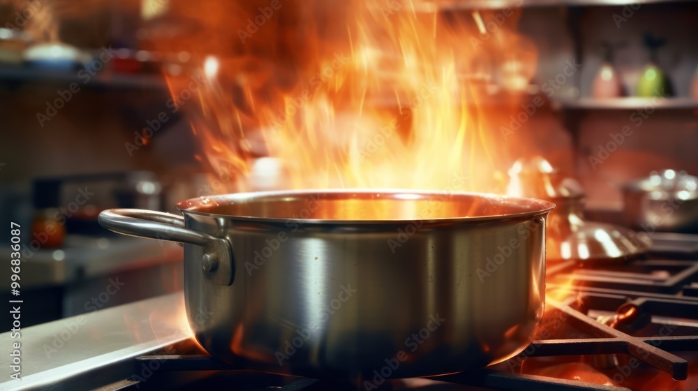 Stainless Steel Pot on a Stovetop with Flames Stainless Steel Pot on a Stovetop with Flames