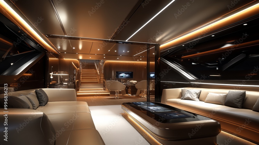 Fototapeta premium The sleek interior showcases cutting-edge navigation systems surrounded by elegant furnishings and ambient lighting, creating a luxurious space for relaxation and adventure
