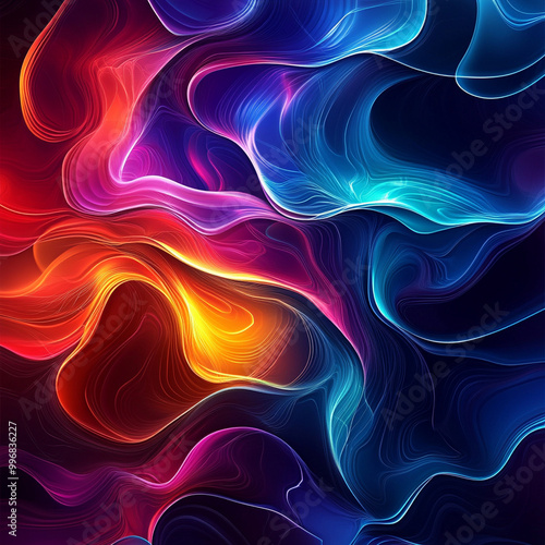 Vibrant abstract fluid waves in neon colors create an organic and dynamic visual experience. interplay of colors evokes sense of movement and energy, captivating viewers imagination