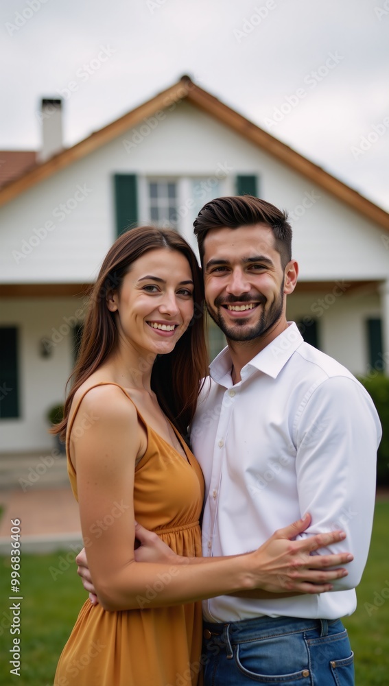 Naklejka premium Young couple embracing happily outside their new home depicted in neural-network art
