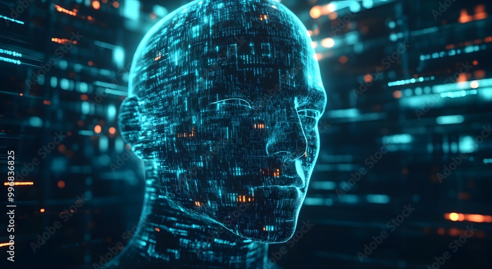Abstract digital human head with glowing cybernetic elements on dark background, artificial intelligence concept. High quality illustration for banner design. copy space, high resolution Abstract digital human head with glowing cybernetic elements on dark background, artificial intelligence concept. High quality illustration for banner design. copy space, high resolution