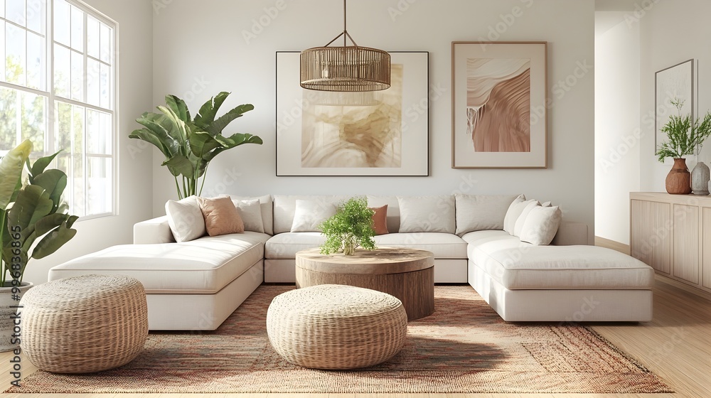 Inviting and Beautifully Designed Modern Living Room Boasting a Large Comfortable Sectional Sofa a Mix of Natural Materials and Cohesive Color Accents and a Serene Cohesive Aesthetic Inviting and Beautifully Designed Modern Living Room Boasting a Large Comfortable Sectional Sofa a Mix of Natural Materials and Cohesive Color Accents and a Serene Cohesive Aesthetic
