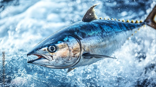 A vibrant tuna fish leaping from crystal clear ocean waters, splashing against the blue backdrop, showcasing its speed and agility. photo