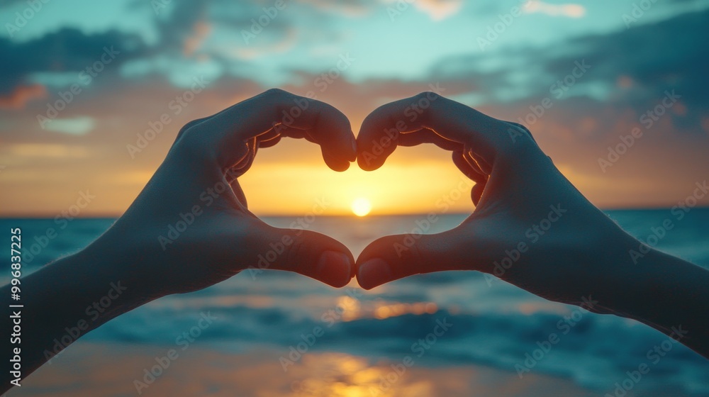 Silhouette of hands forming a heart shape with the setting sun in the background. Silhouette of hands forming a heart shape with the setting sun in the background.