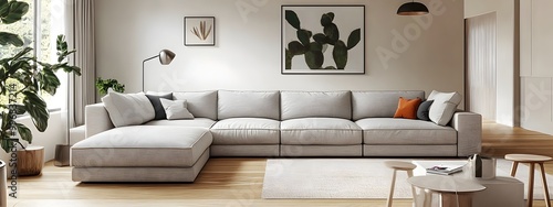 Inviting and comfortable Scandinavian inspired modern living room with a large L shaped sectional sofa in a neutral fabric minimalist decor with pops of vibrant color natural lighting and a aesthetic