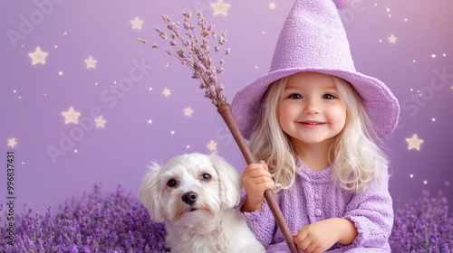 A charming girl in a lavender hat holds a wand beside her fluffy dog against a dreamy purple background with stars.