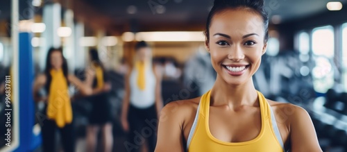 Smiling Woman in a Yellow Sports Bra at the Gym