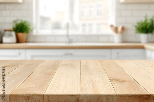 Empty Wooden Table Top with Blurred Kitchen Interior Background for Product Display Montage