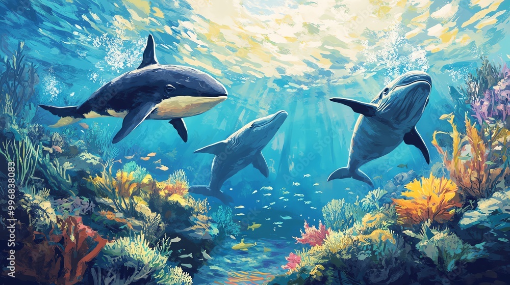 Obraz premium A vibrant underwater scene featuring three dolphins swimming among colorful coral and sea life, illuminated by sunlight.