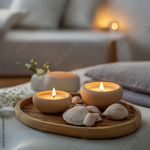 Burning candles and seashells on a wooden tray in the interior photo