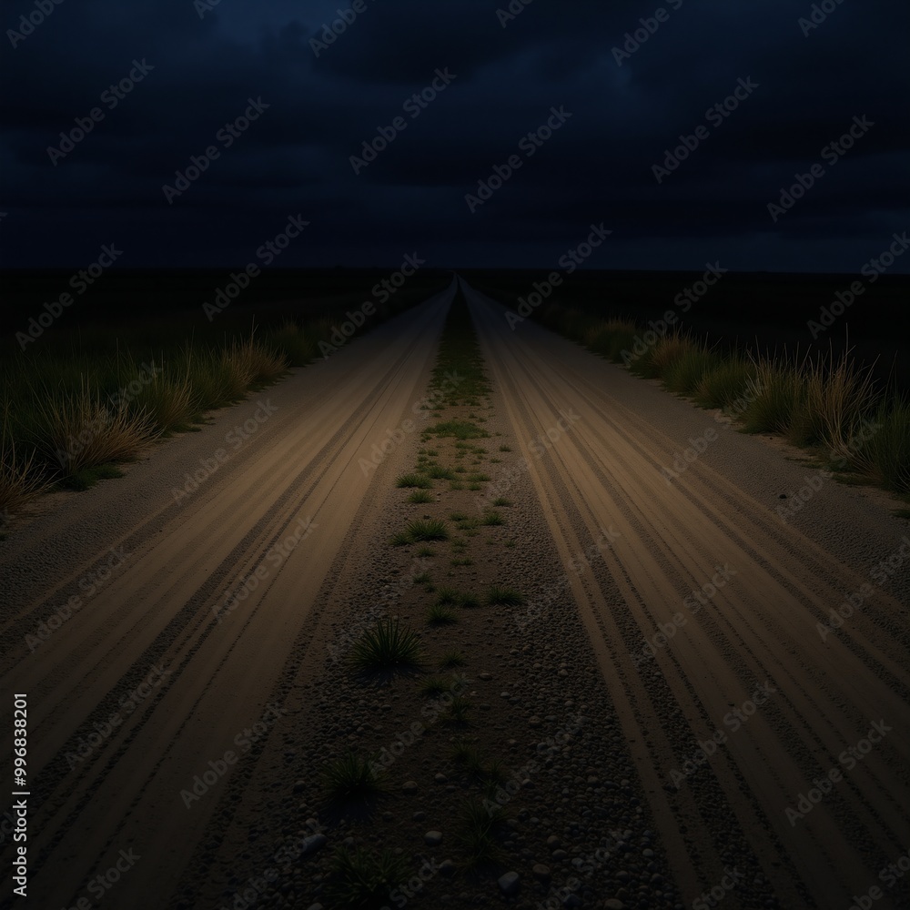Naklejka premium A nighttime scene featuring a desolate dirt road illuminated by headlights amidst a foreboding gloomy sky portrayed in neural network art with an ominous feel