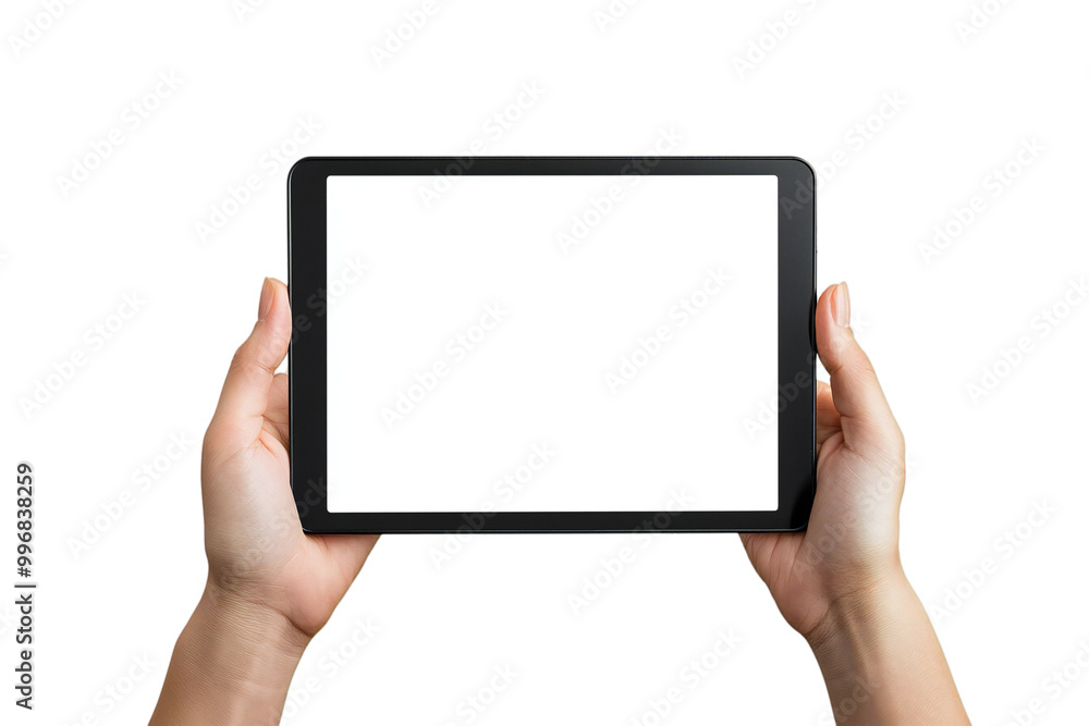 Digital Tablet Mockup with Blank Screen Held by Hands, Isolated on White Background, Perfect for Tech Designs, App Displays, and Digital Device Templates Digital Tablet Mockup with Blank Screen Held by Hands, Isolated on White Background, Perfect for Tech Designs, App Displays, and Digital Device Templates