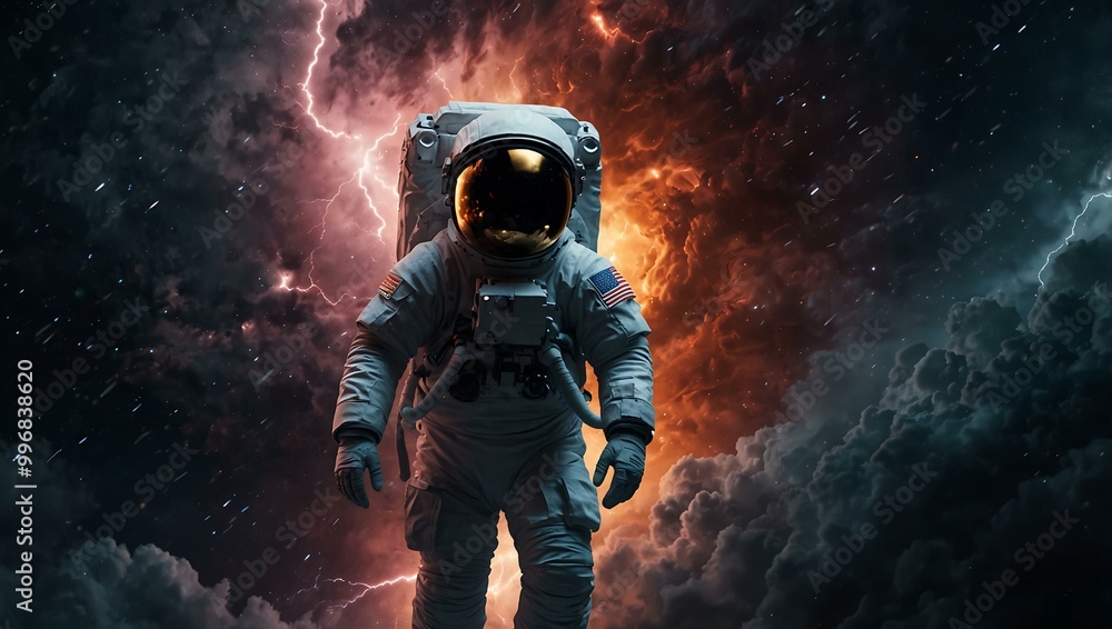 Astronaut Amid Glowing Storm in Space Astronaut Amid Glowing Storm in Space