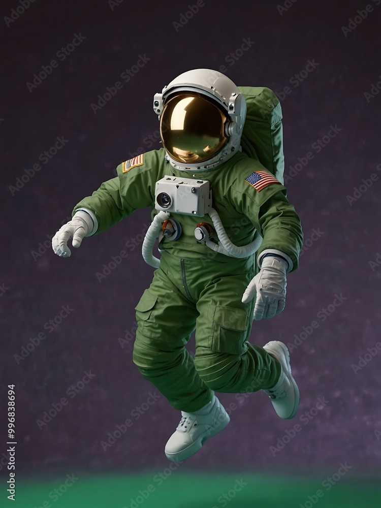 Astronaut jumping against a green screen. Astronaut jumping against a green screen.