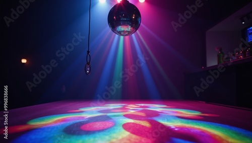 A dazzling disco ball illuminates a nightclub with vibrant colors on the dancefloor photo