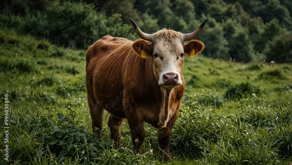 Asturian cow surrounded by green vegetation. Asturian cow surrounded by green vegetation.