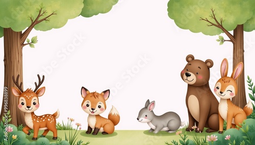 Watercolor woodland animal template for kid-themed invitations featuring a cute baby deer fox bear and other forest friends