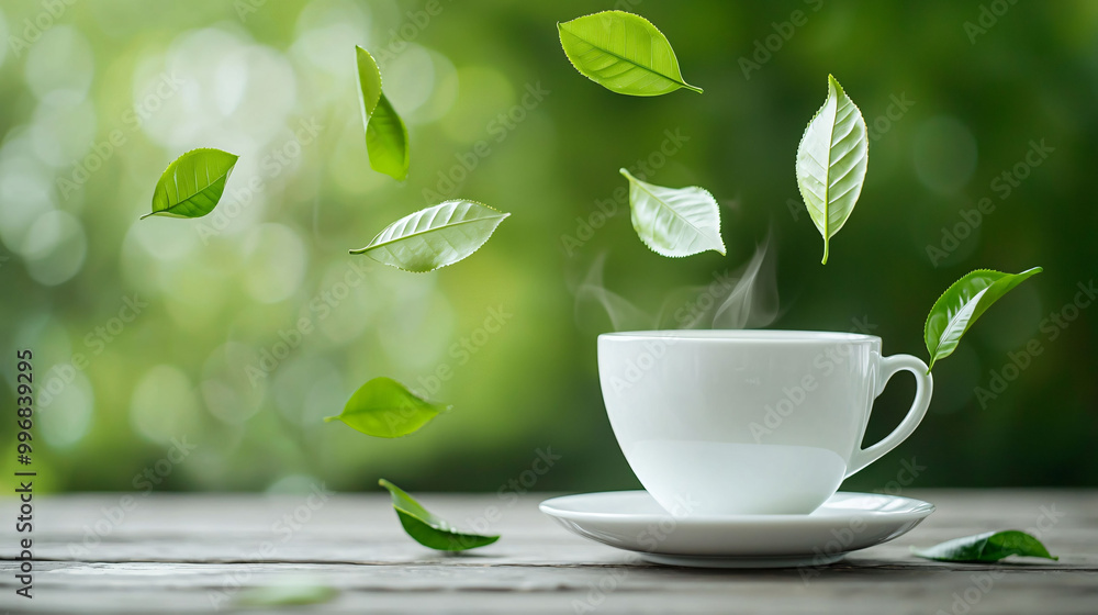 steaming cup of tea surrounded by floating green leaves creates serene atmosphere steaming cup of tea surrounded by floating green leaves creates serene atmosphere